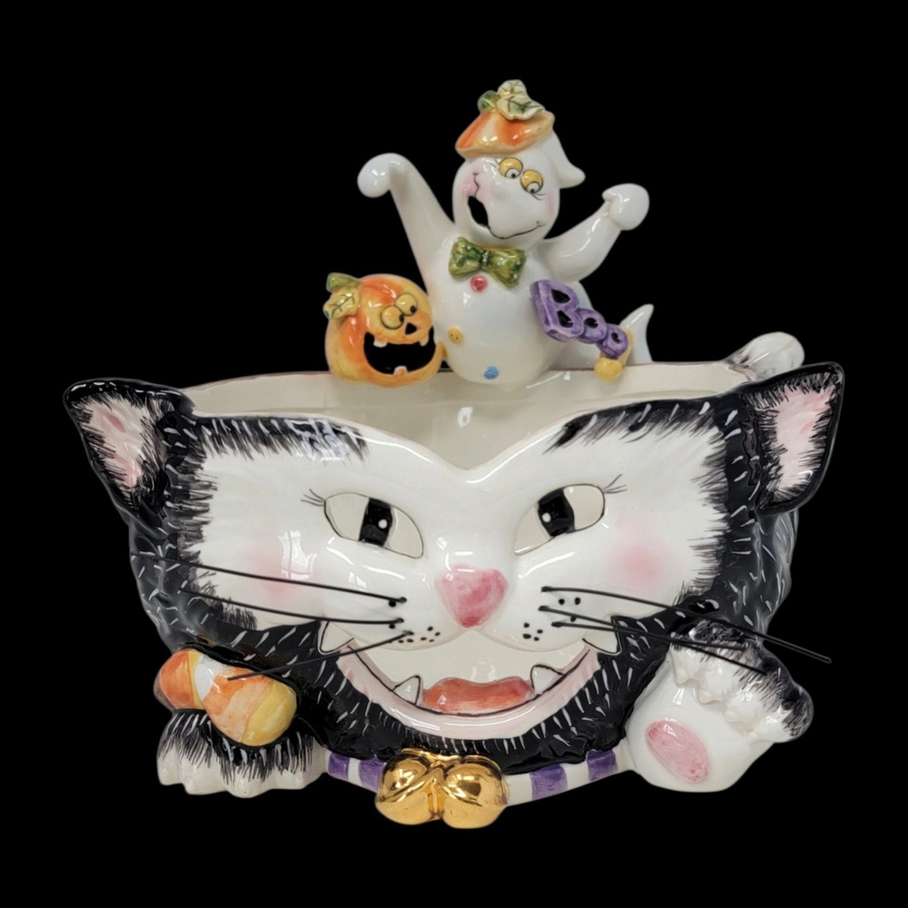 Halloween Black Cat Candy Dish Ghost Pumpkin Multi Whimsical Vintage